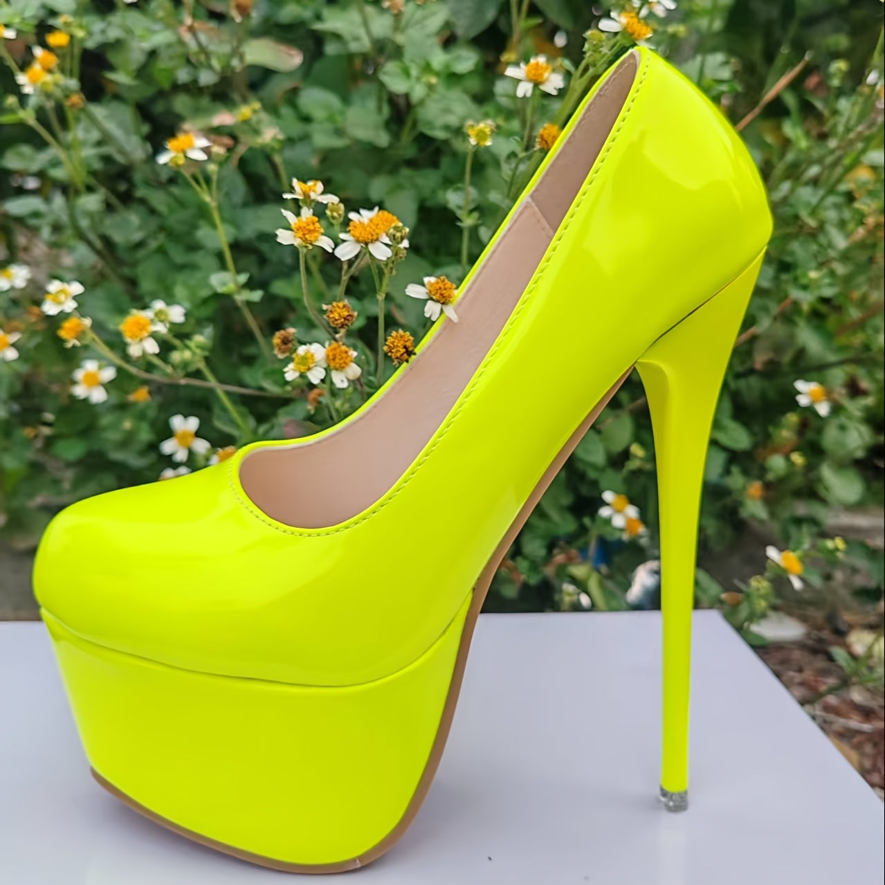 Women's Neon Yellow Ultra-High Platform Stiletto Heels - Glossy Synthetic Cover Round-Toe Party Shoes for Nightclub, Evening Events & All-Season Wear, Shoes Heels